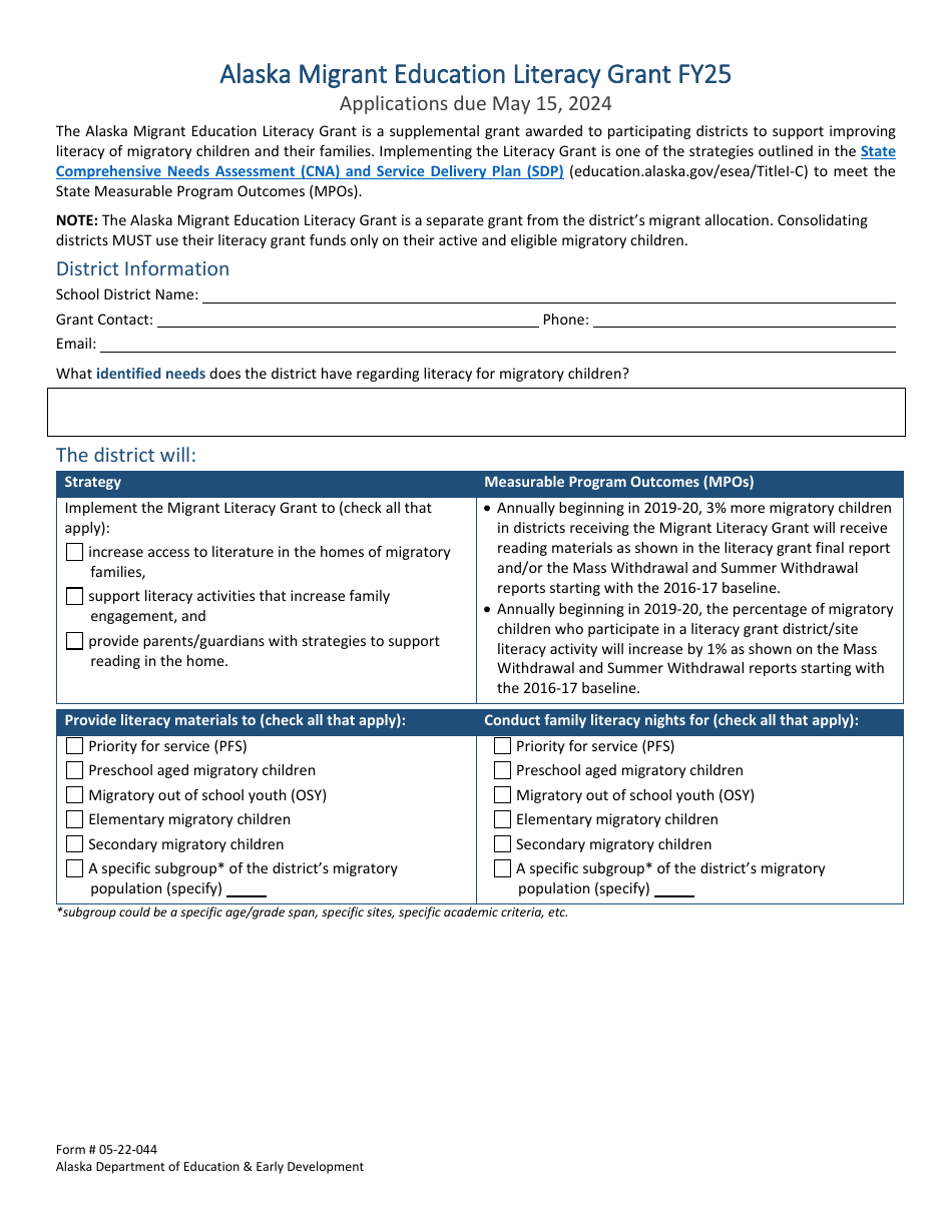 Form 05-22-044 Alaska Migrant Education Literacy Grant Application - Alaska, Page 1