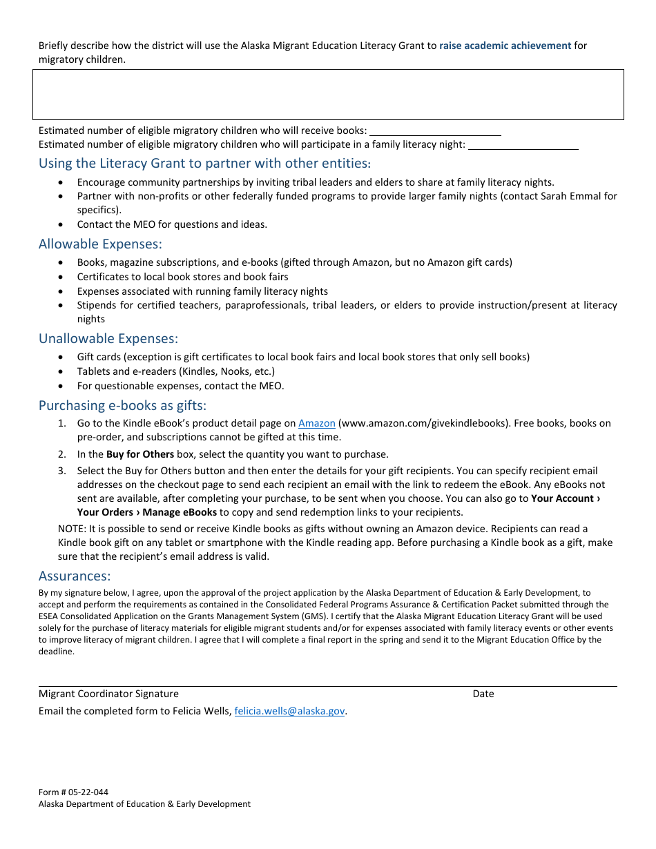 Form 05-22-044 Alaska Migrant Education Literacy Grant Application - Alaska, Page 2