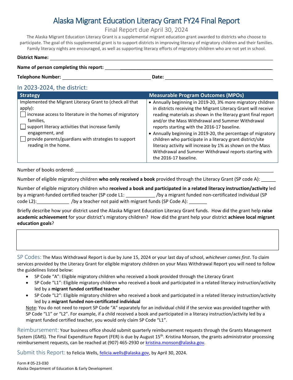 Form 05-23-030 Alaska Migrant Education Literacy Grant Final Report - Alaska, Page 1