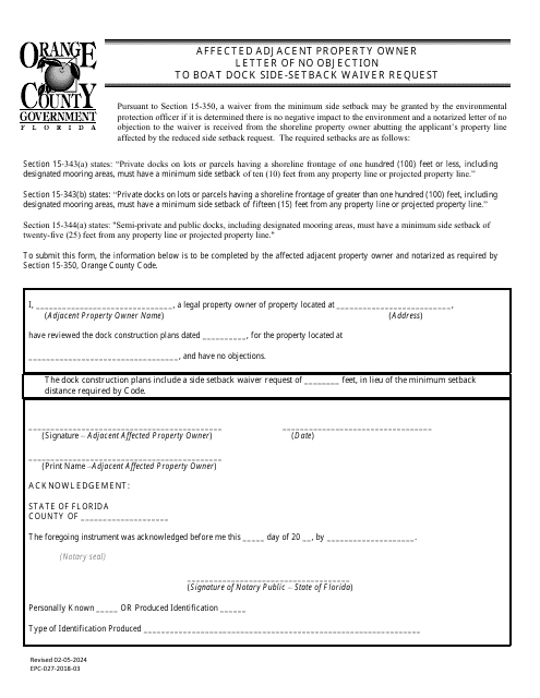 Form EPC-027-2018-03 Affected Adjacent Property Owner Letter of No Objection to Boat Dock Side-Setback Waiver Request - Orange County, Florida