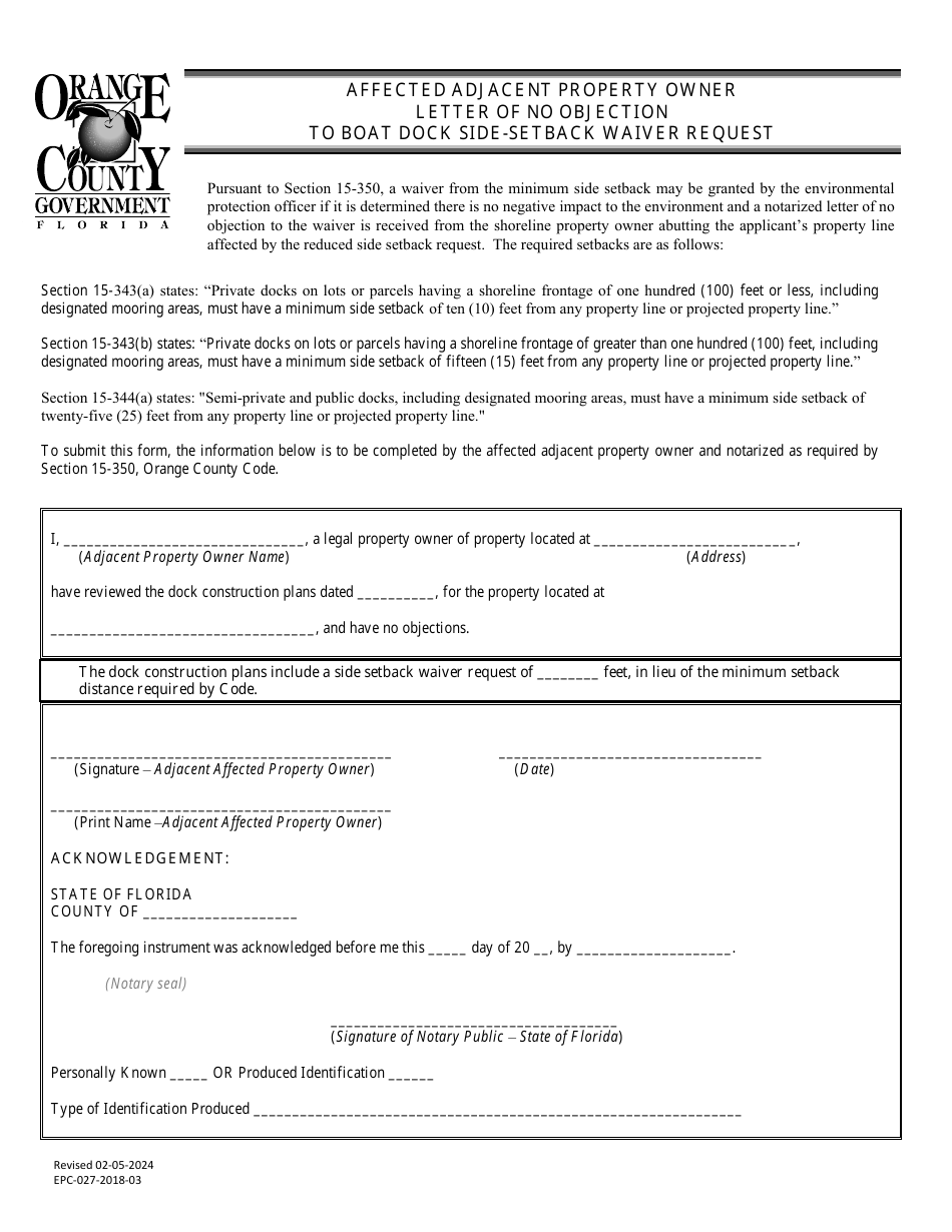 Form EPC-027-2018-03 Affected Adjacent Property Owner Letter of No Objection to Boat Dock Side-Setback Waiver Request - Orange County, Florida, Page 1