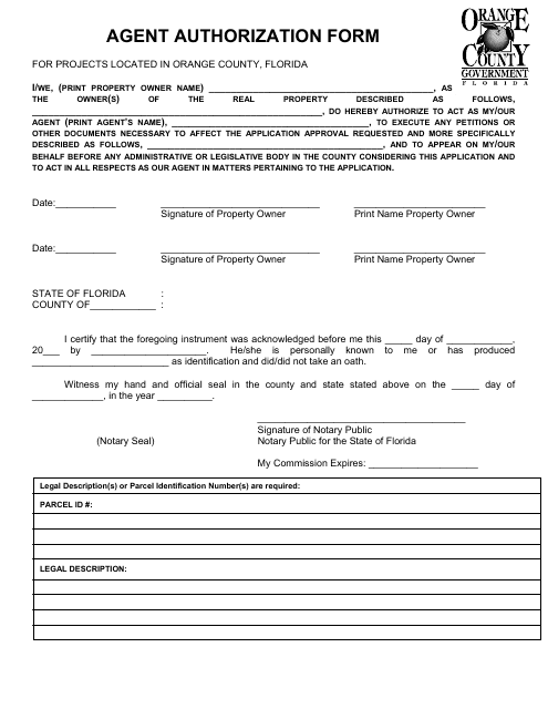 Agent Authorization Form - Orange County, Florida Download Pdf