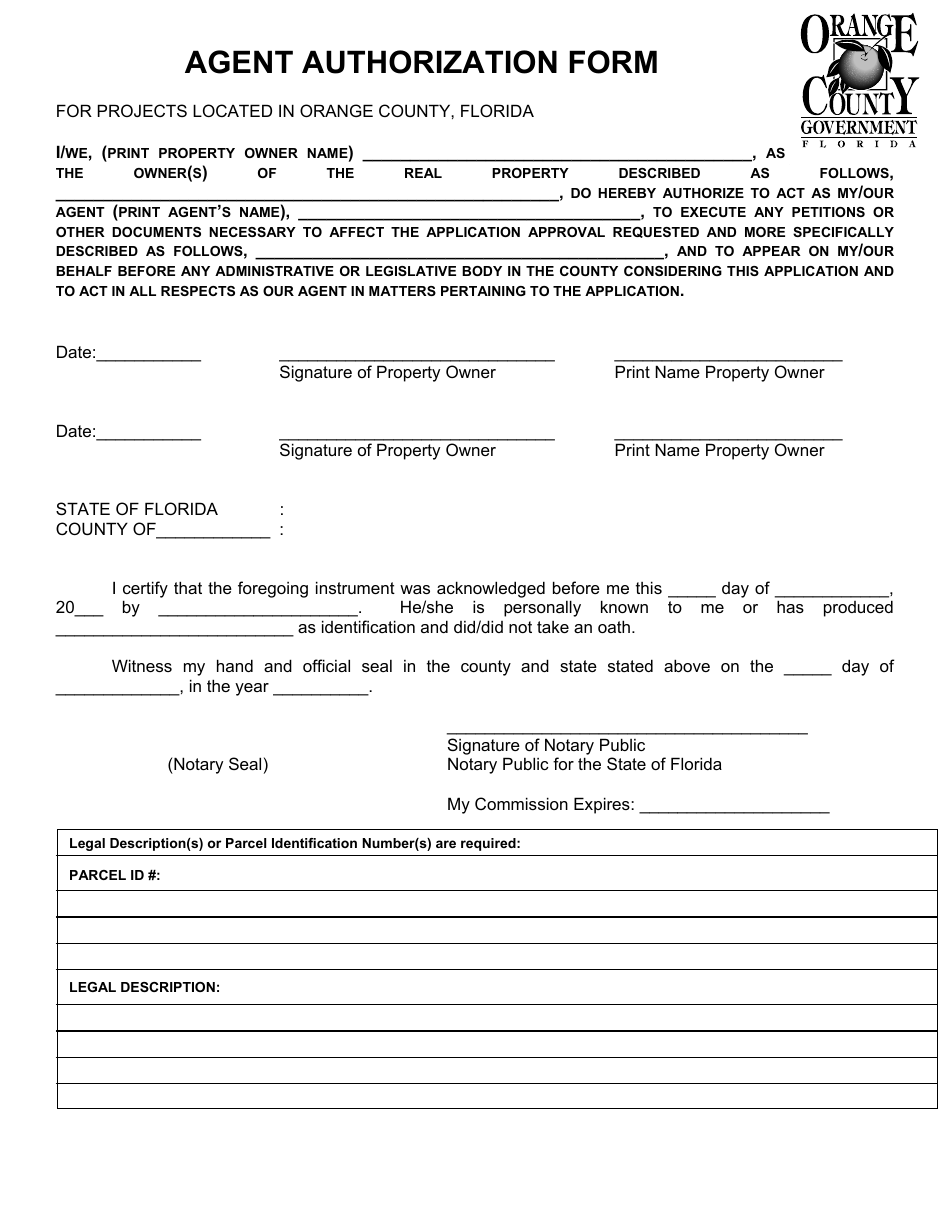 Orange County, Florida Agent Authorization Form - Fill Out, Sign Online ...