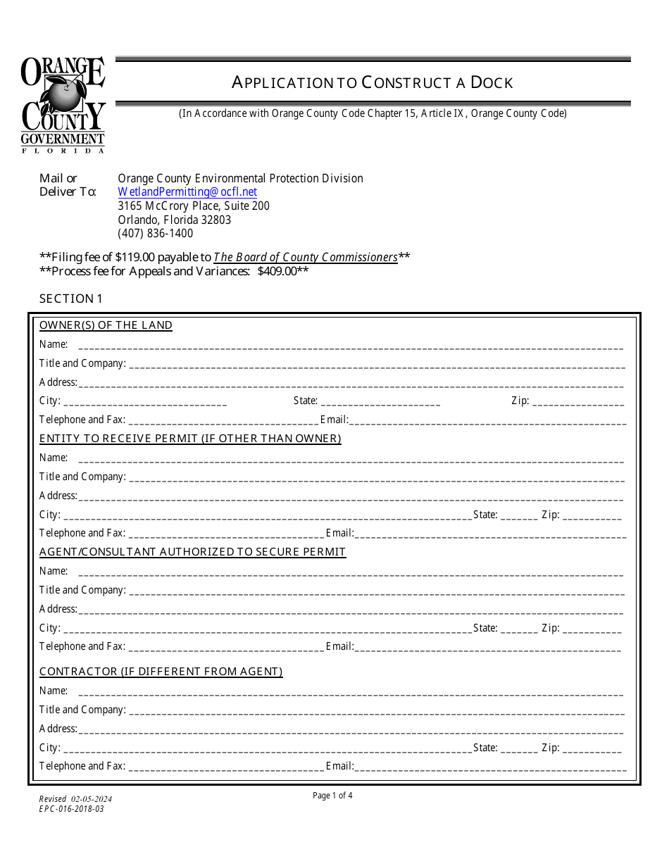 Form EPC-016-2018-03 Application to Construct a Dock - Orange County, Florida, Page 1