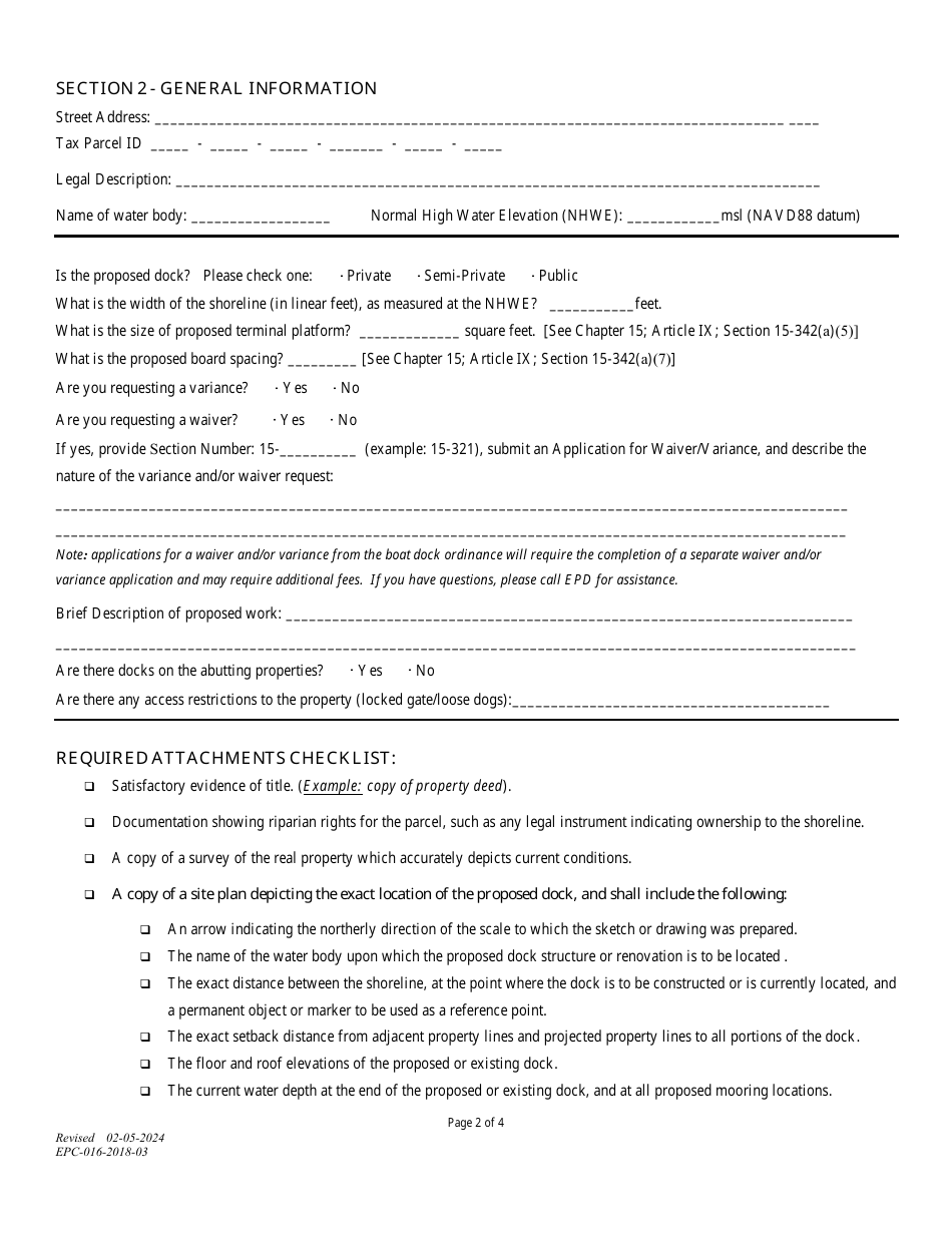 Form EPC-016-2018-03 Application to Construct a Dock - Orange County, Florida, Page 2