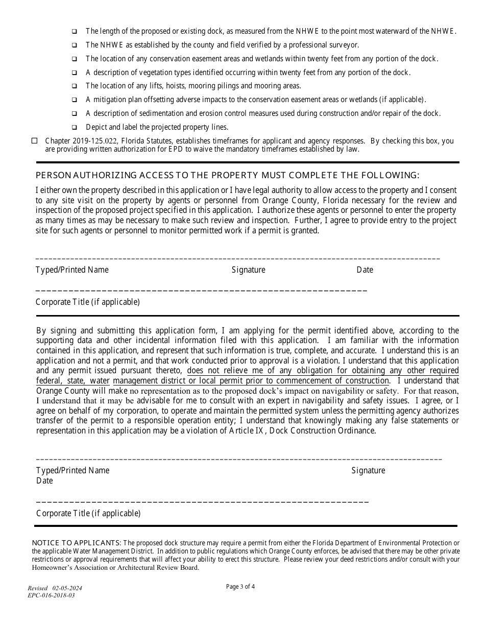 Form EPC-016-2018-03 Application to Construct a Dock - Orange County, Florida, Page 3