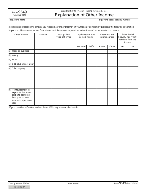 IRS Form 9549 Explanation of Other Income