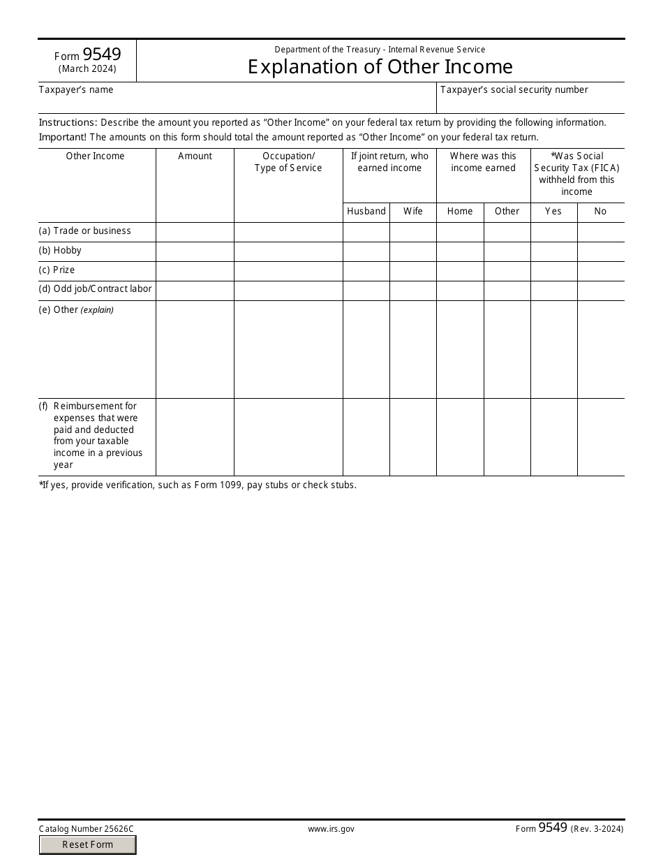 IRS Form 9549 Explanation of Other Income, Page 1