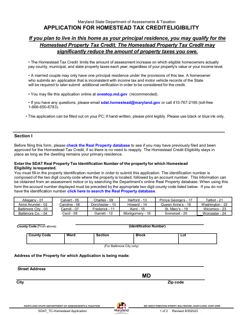Application for Homestead Tax Credit Eligibility - Maryland