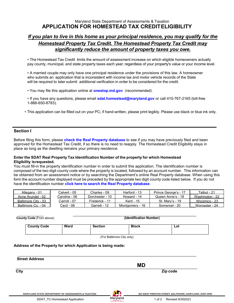 Maryland Application for Homestead Tax Credit Eligibility Download