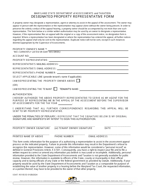 Designated Property Representative Form - Maryland Download Pdf
