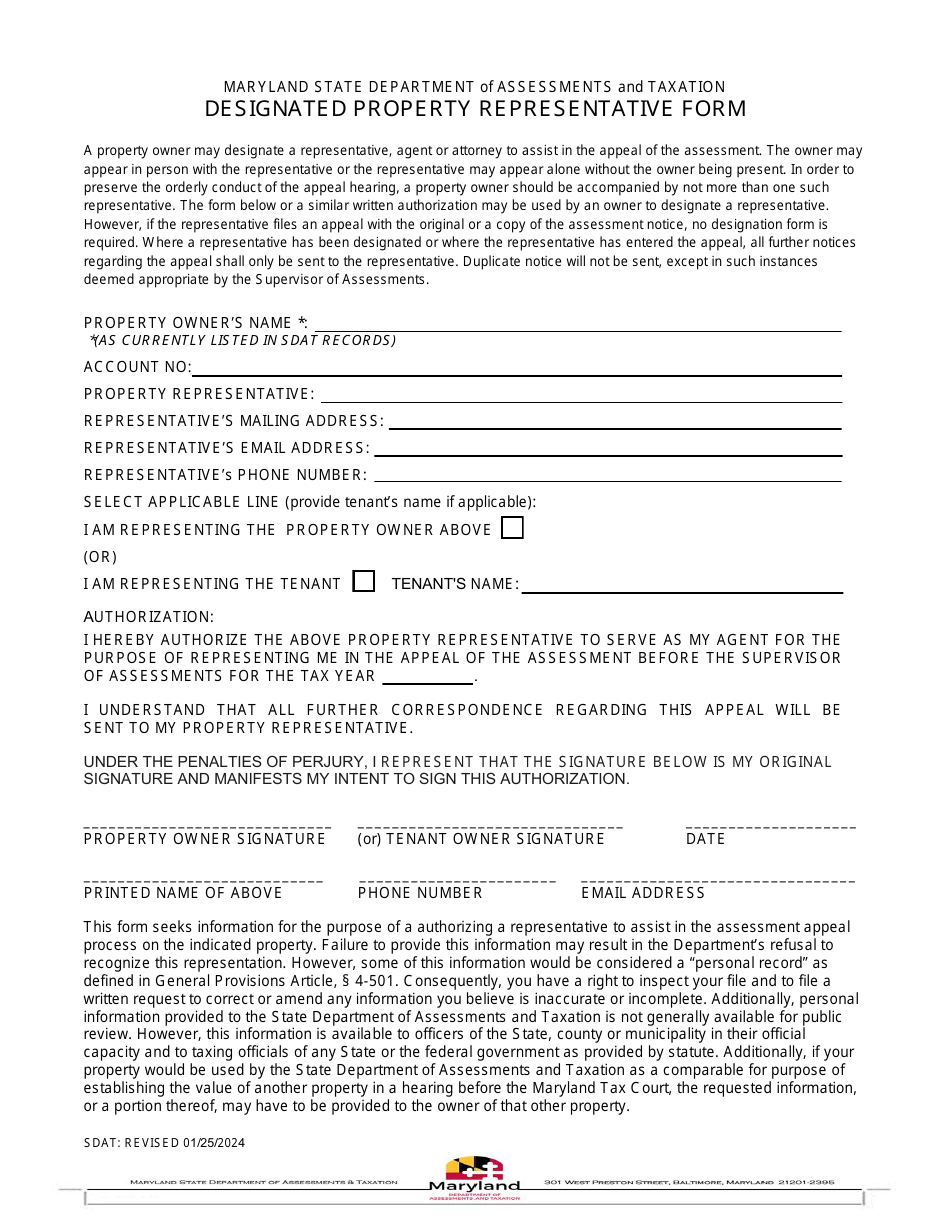 Designated Property Representative Form - Maryland, Page 1