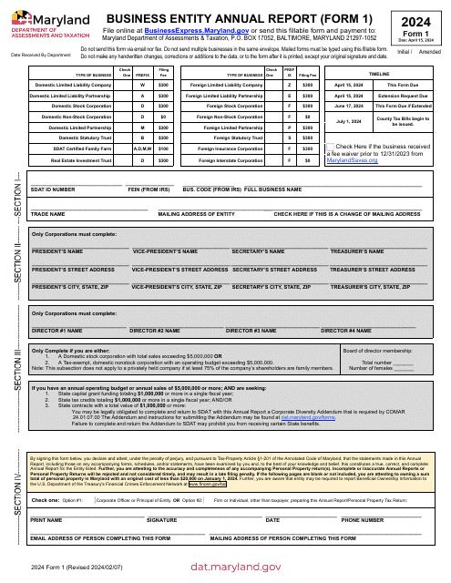 Form 1 Business Entity Annual Report - Maryland, 2024