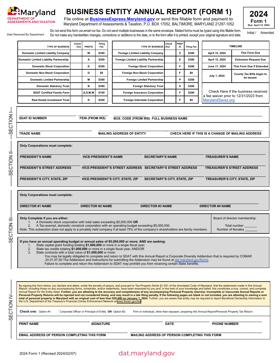 Form 1 Download Fillable PDF or Fill Online Business Entity Annual ...