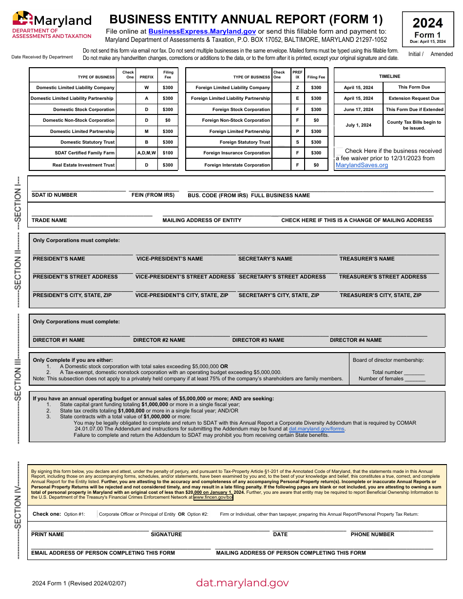 Form 1 Business Entity Annual Report - Maryland, Page 1