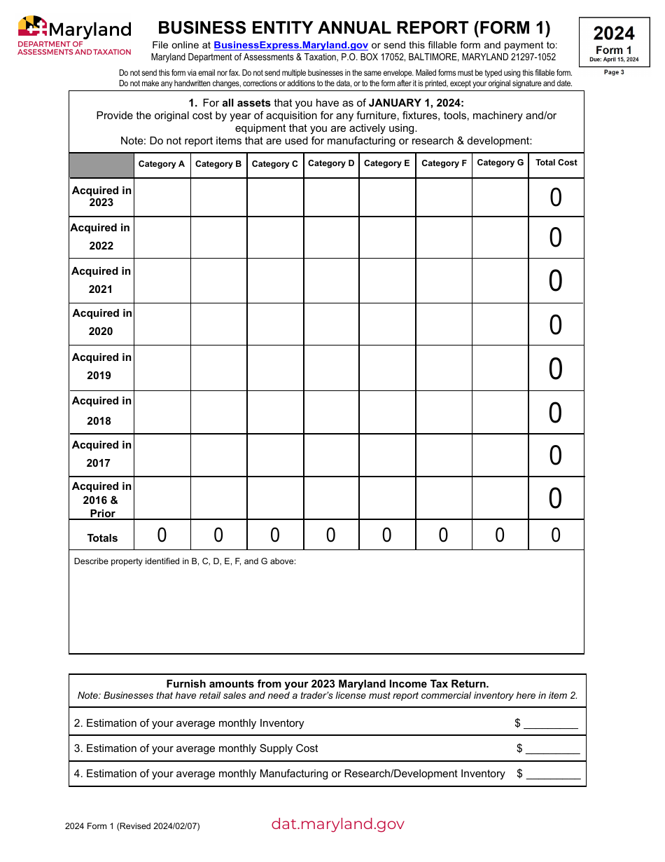 Form 1 Download Fillable PDF or Fill Online Business Entity Annual ...