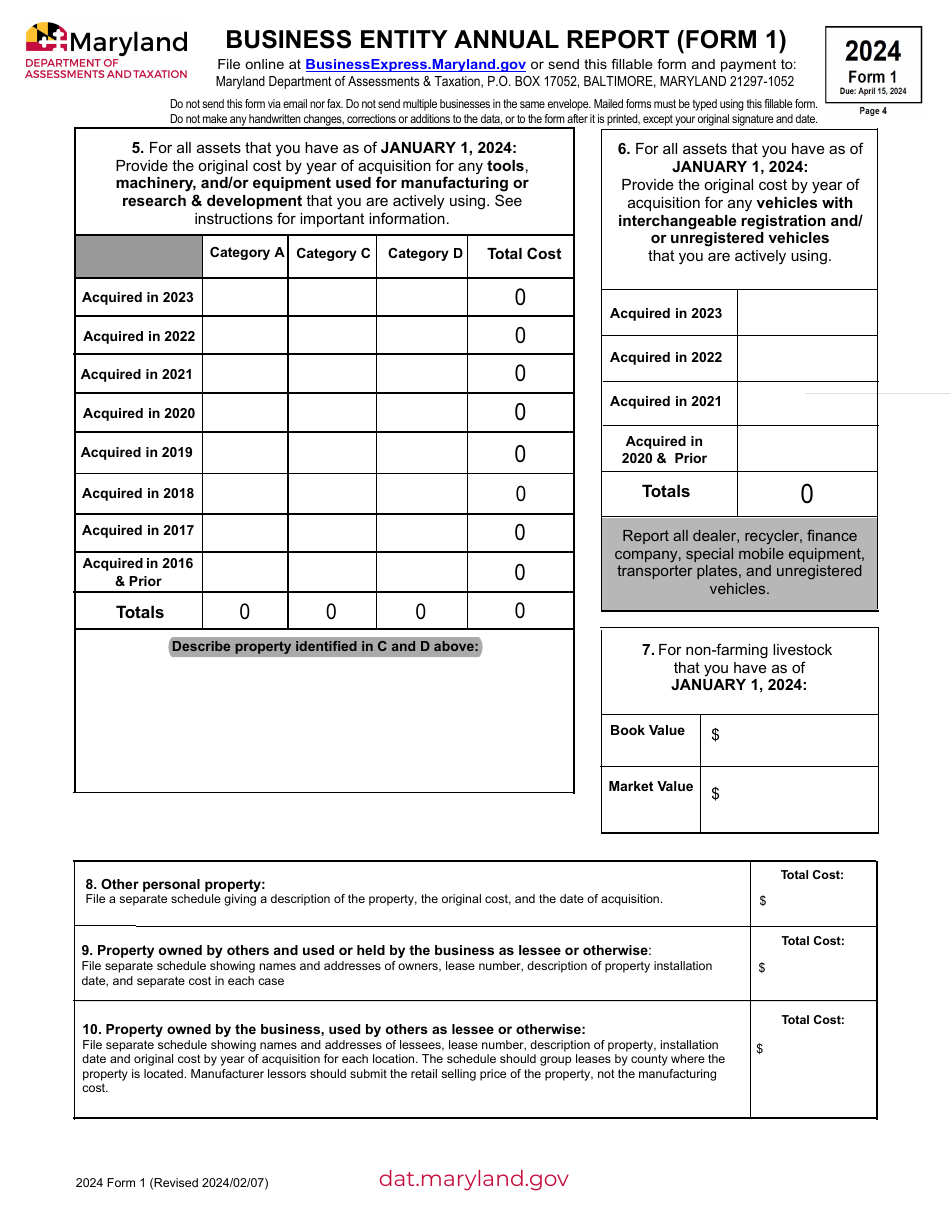 Form 1 download fillable pdf or fill online business entity annual