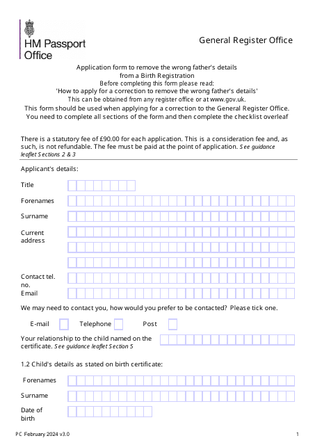 Application Form to Remove the Wrong Father's Details From a Birth Registration - United Kingdom