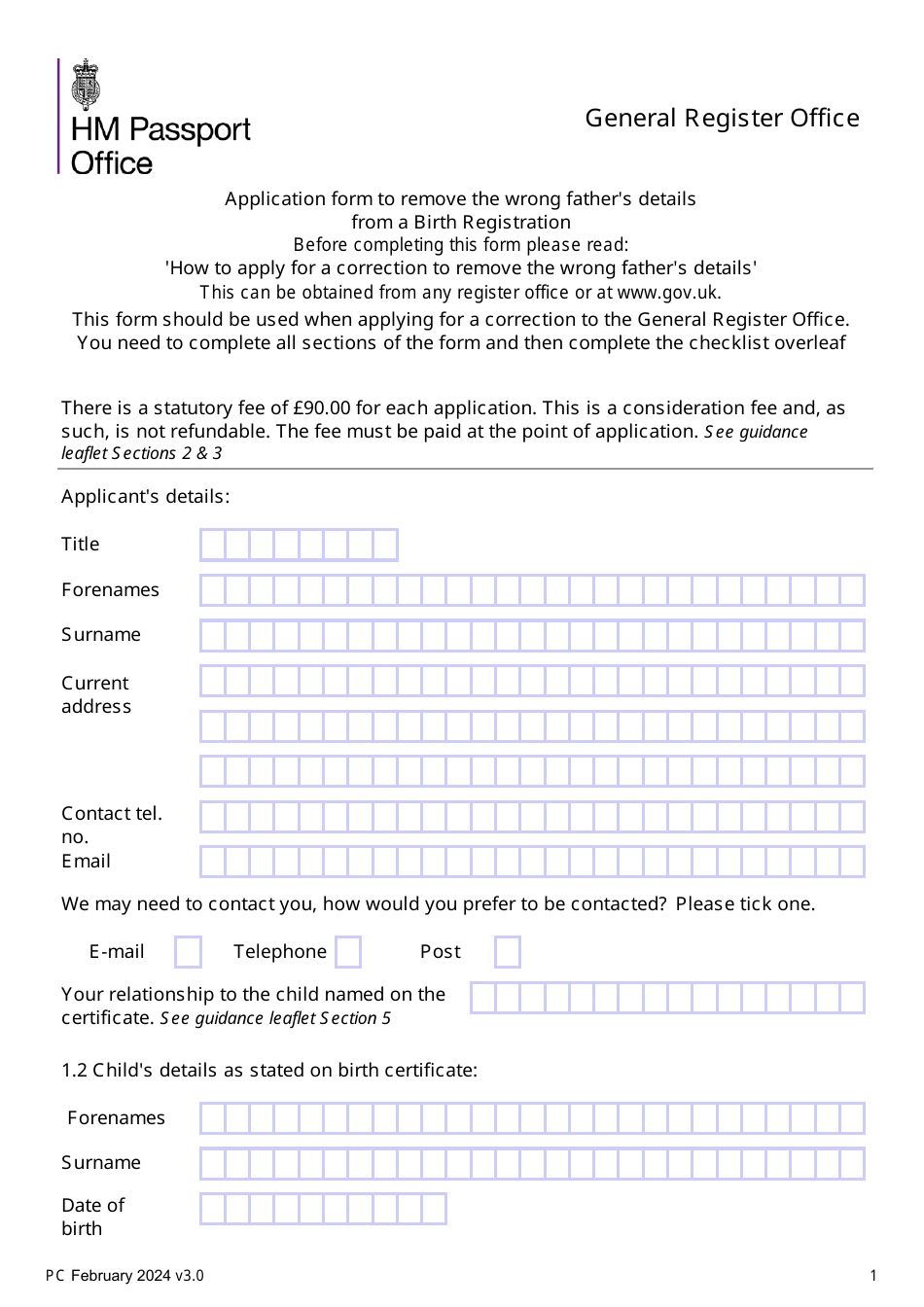 Application Form to Remove the Wrong Fathers Details From a Birth Registration - United Kingdom, Page 1