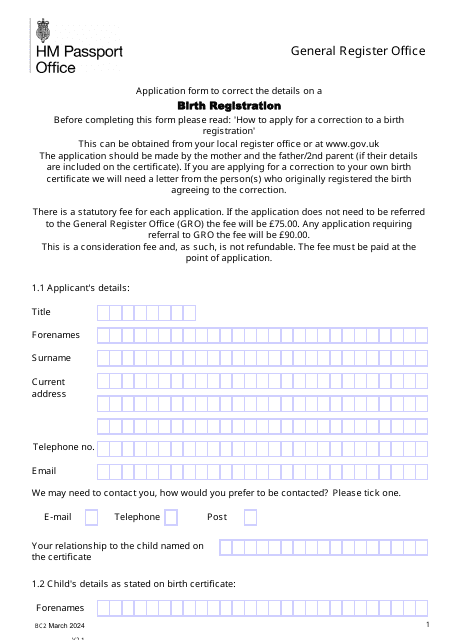 Form BC2 Application Form to Correct the Details on a Birth Registration - United Kingdom