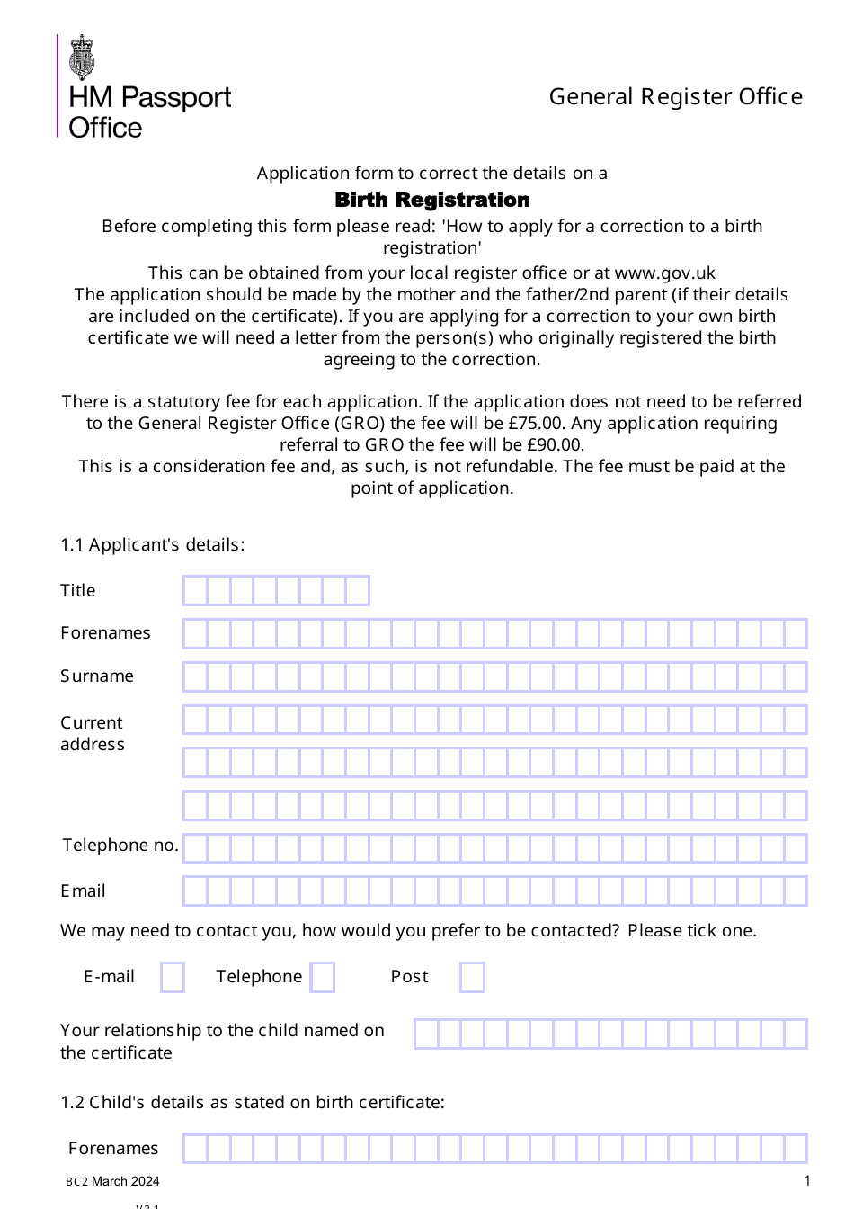 Form BC2 Application Form to Correct the Details on a Birth Registration - United Kingdom, Page 1