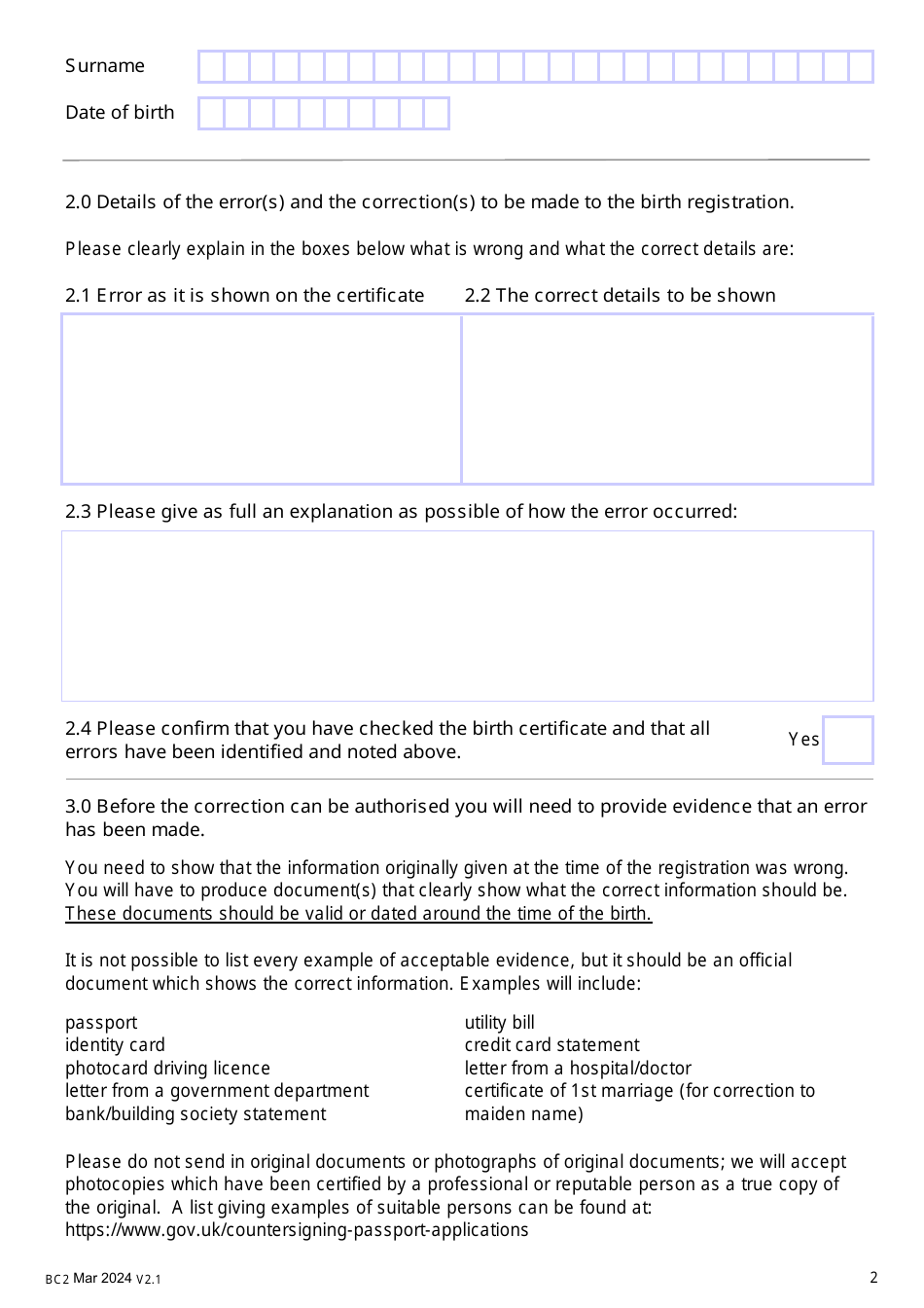 Form BC2 Application Form to Correct the Details on a Birth Registration - United Kingdom, Page 2