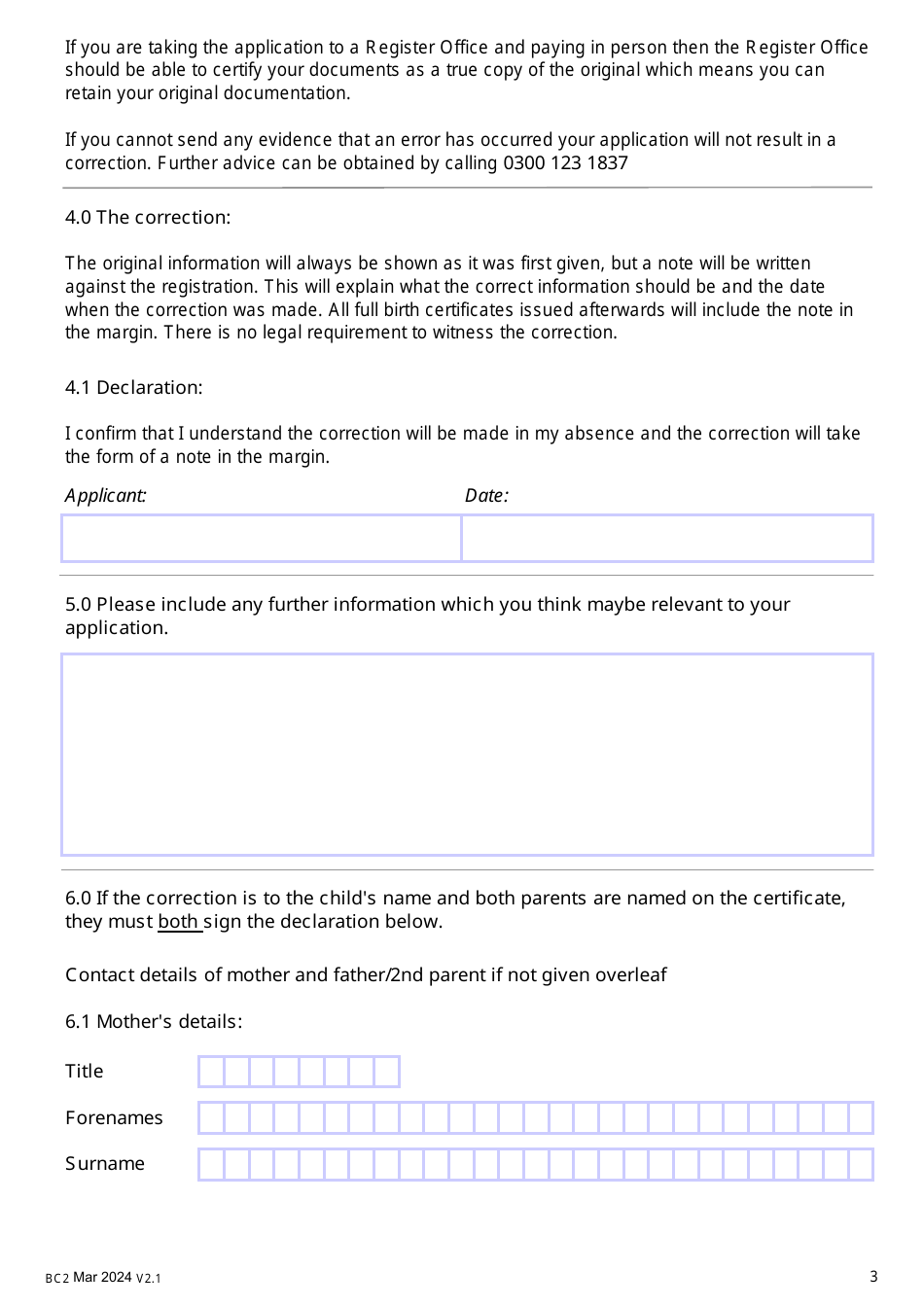 Form BC2 Application Form to Correct the Details on a Birth Registration - United Kingdom, Page 3