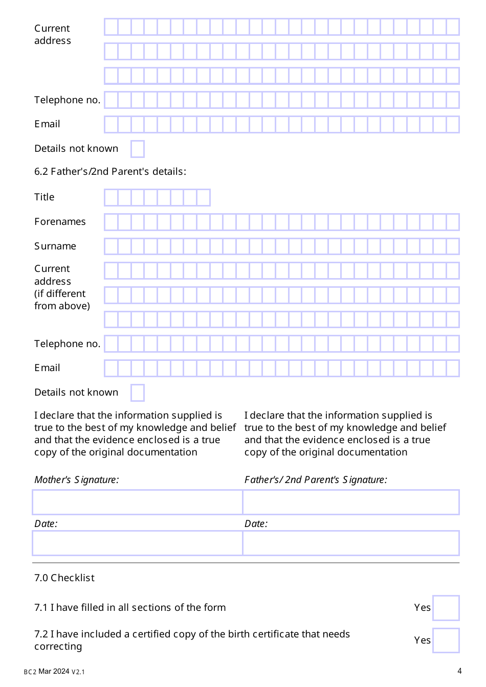 Form BC2 Application Form to Correct the Details on a Birth Registration - United Kingdom, Page 4
