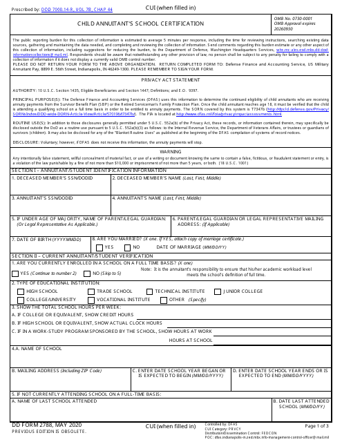DD Form 2788 Child Annuitant's School Certification