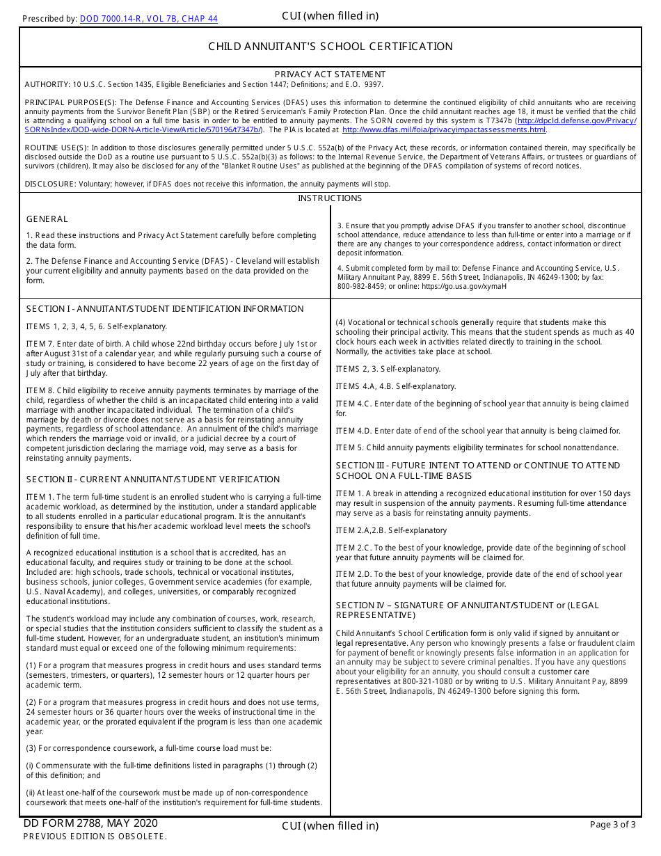DD Form 2788 Child Annuitants School Certification, Page 3