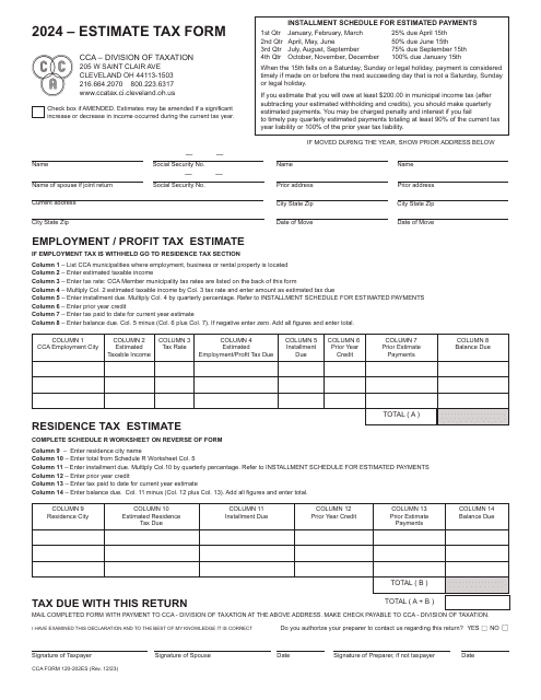 CCA Form 120-202ES Individual Estimate Tax Form - City of Cleveland, Ohio, 2024