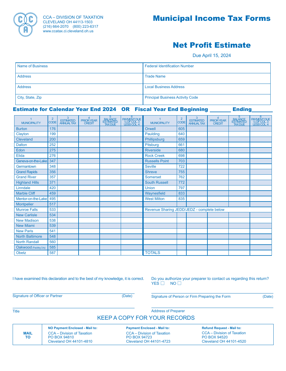 Form CCA-201ES Net Profit Estimate Form - City of Cleveland, Ohio, Page 1
