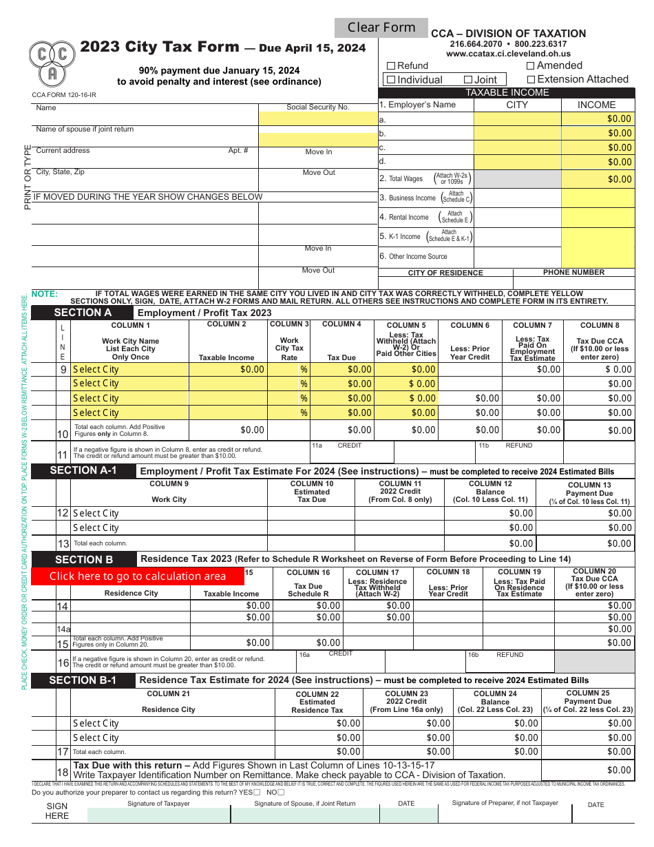 CCA Form 120-16-IR Individual City Tax Form - City of Cleveland, Ohio, Page 1