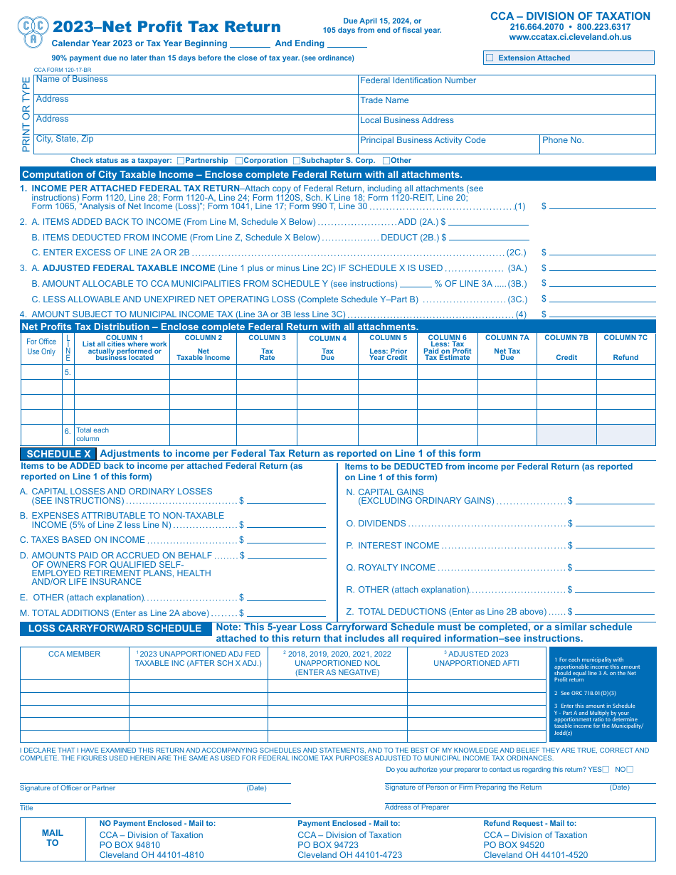 CCA Form 120-17-BR Net Profit Tax Return - City of Cleveland, Ohio, Page 1