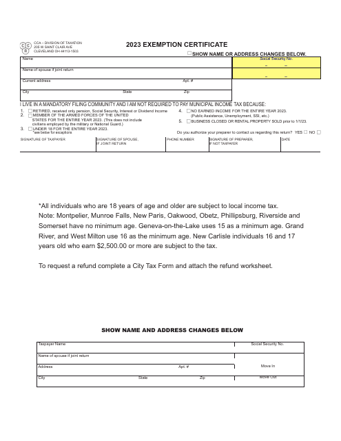 Exemption Certificate - City of Cleveland, Ohio Download Pdf