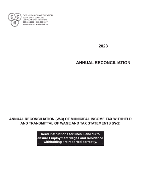 Annual Reconciliation of Municipal Income Tax Withheld and Transmittal of Wage and Tax Statements - City of Cleveland, Ohio, 2023