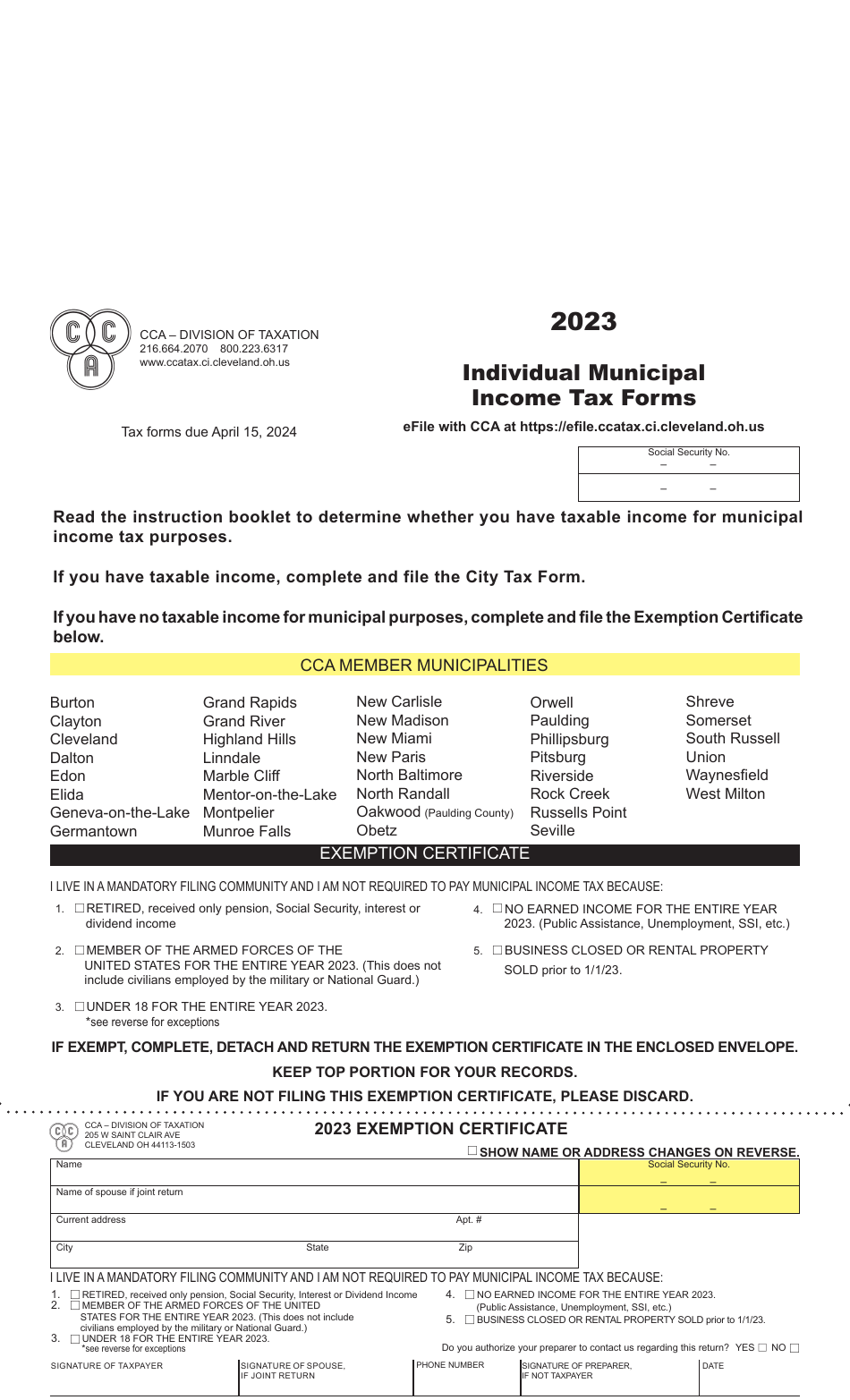 Individual Municipal Income Tax Forms - City of Cleveland, Ohio, Page 1