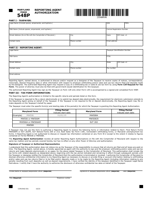 Maryland Form 548P (COM/RAD051) Reporting Agent Authorization - Maryland