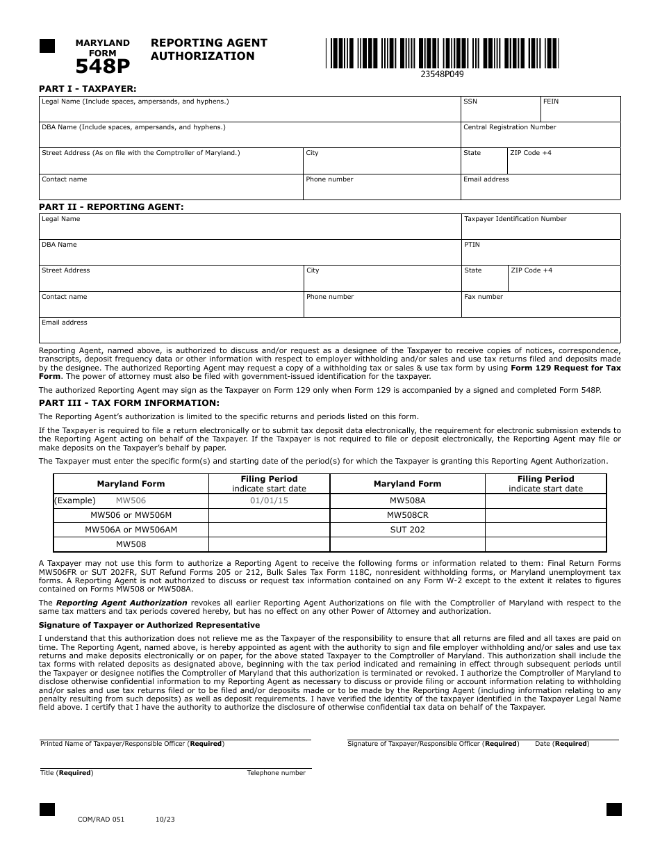 Maryland Form 548P (COM / RAD051) Reporting Agent Authorization - Maryland, Page 1