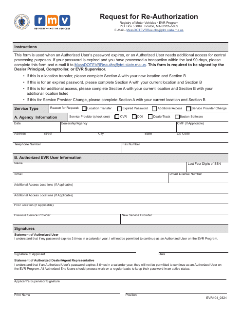 Form EVR104 Request for Re-authorization - Massachusetts