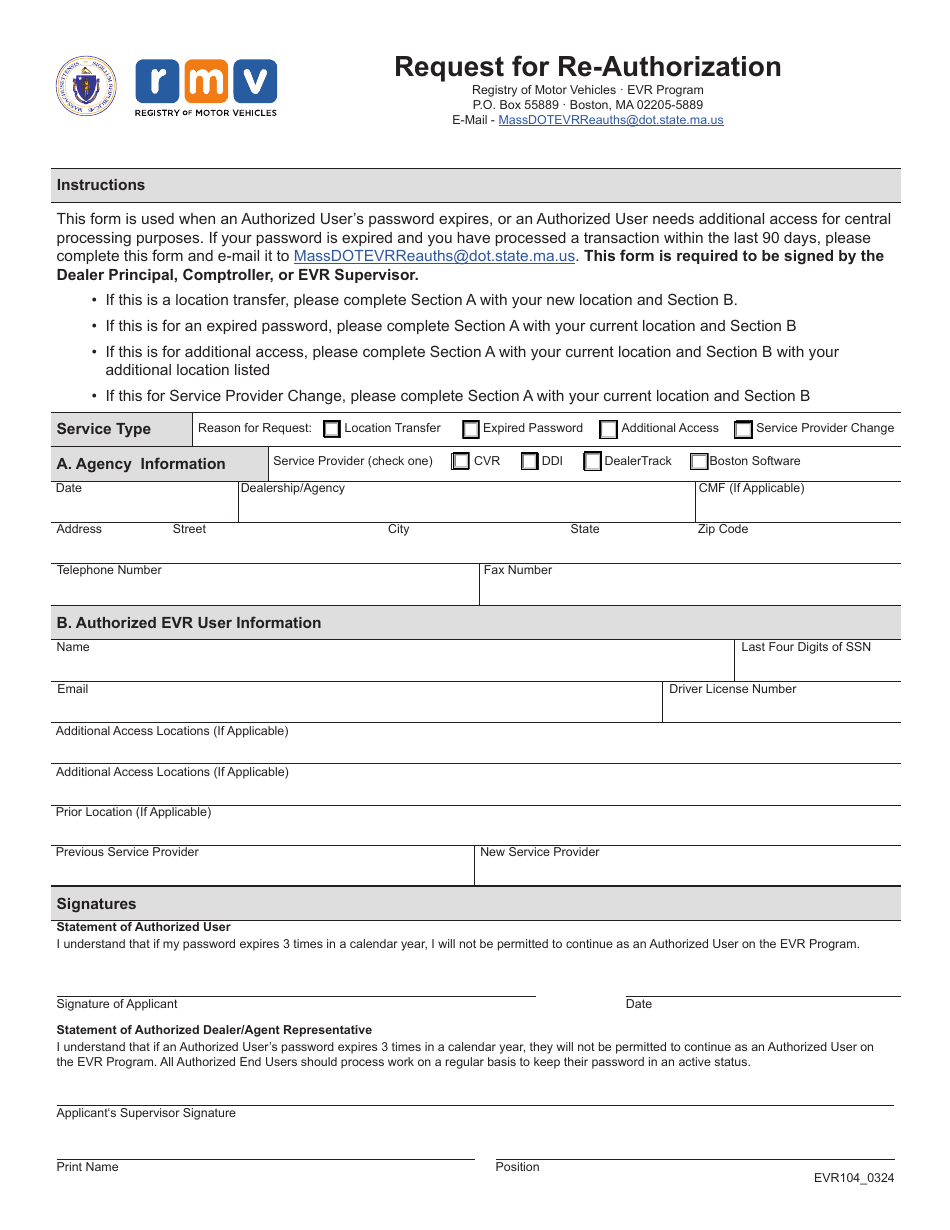 Form EVR104 Request for Re-authorization - Massachusetts, Page 1