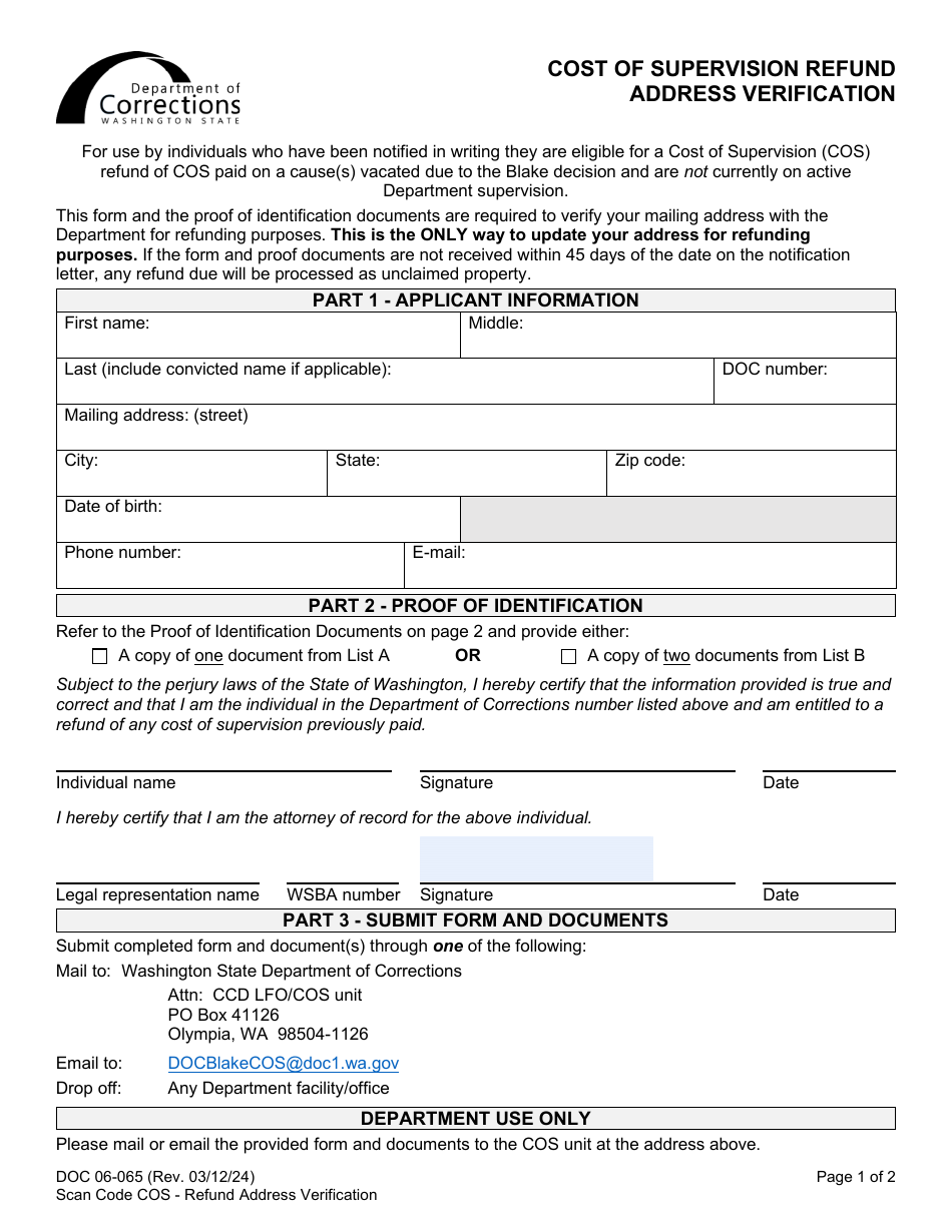 Form DOC06-065 Cost of Supervision Refund Address Verification - Washington, Page 1