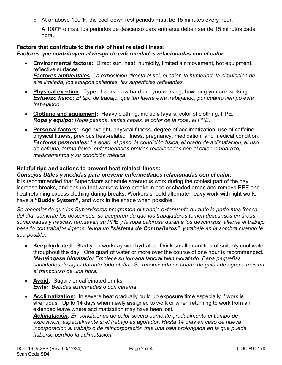 Form DOC16-352ES Outdoor Heat Exposure Awareness Training - Washington (English / Spanish), Page 2