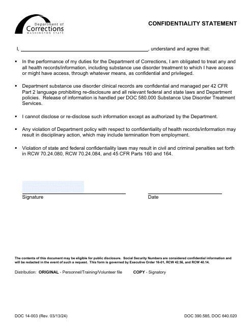Form DOC14-003 Confidentiality Statement - Washington