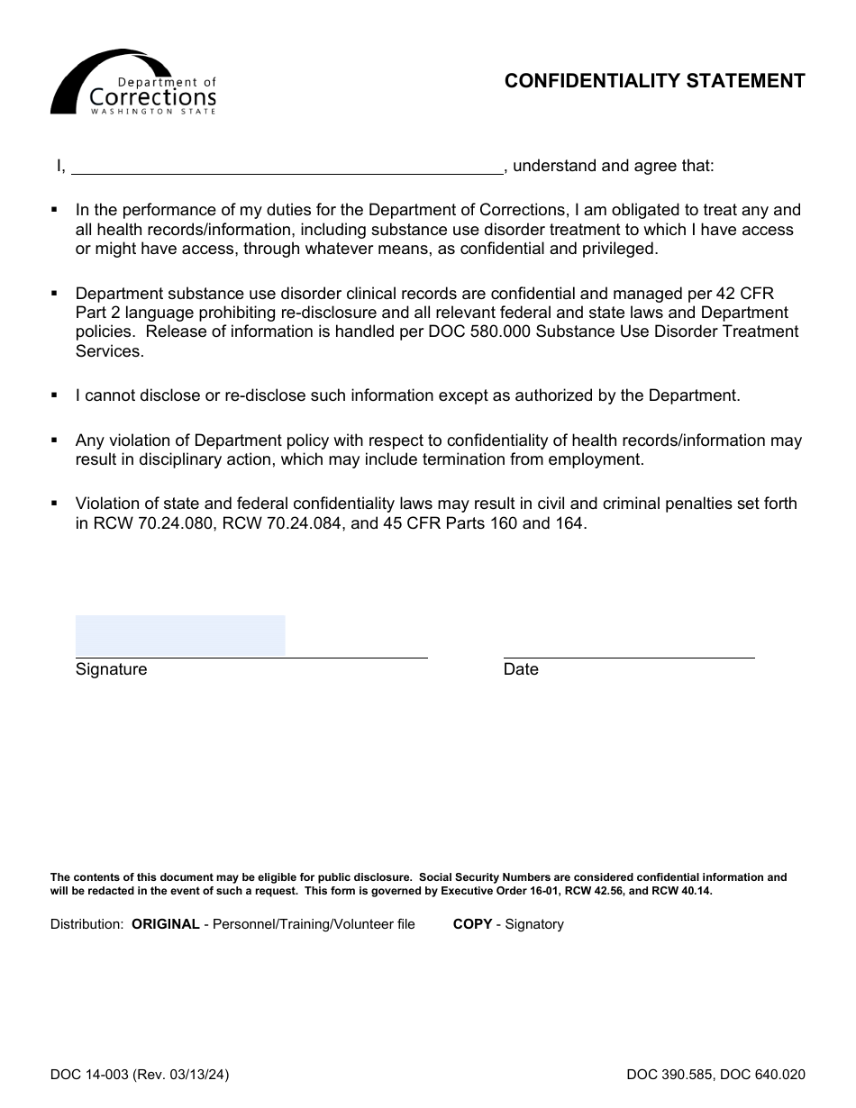 Form DOC14-003 Confidentiality Statement - Washington, Page 1