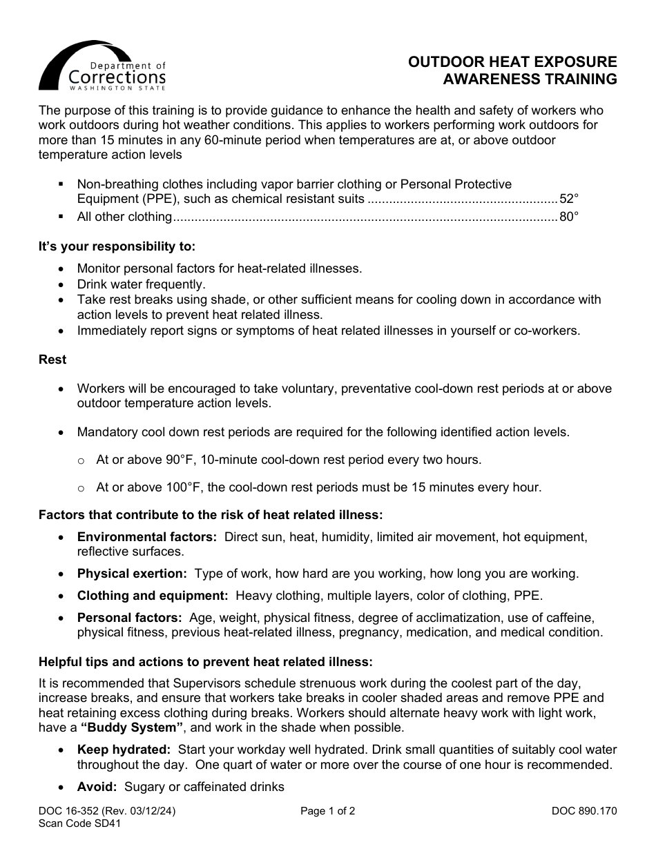 Form DOC16-352 Outdoor Heat Exposure Awareness Training - Washington, Page 1