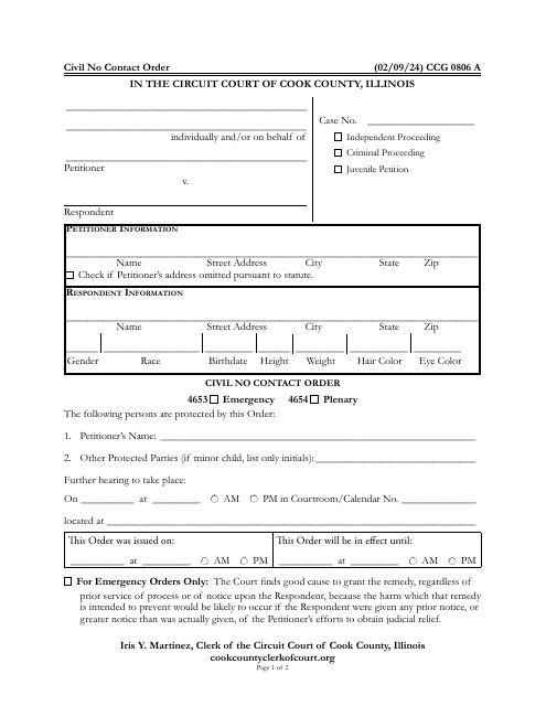 Form CCG0806 Civil No Contact Order - Cook County, Illinois