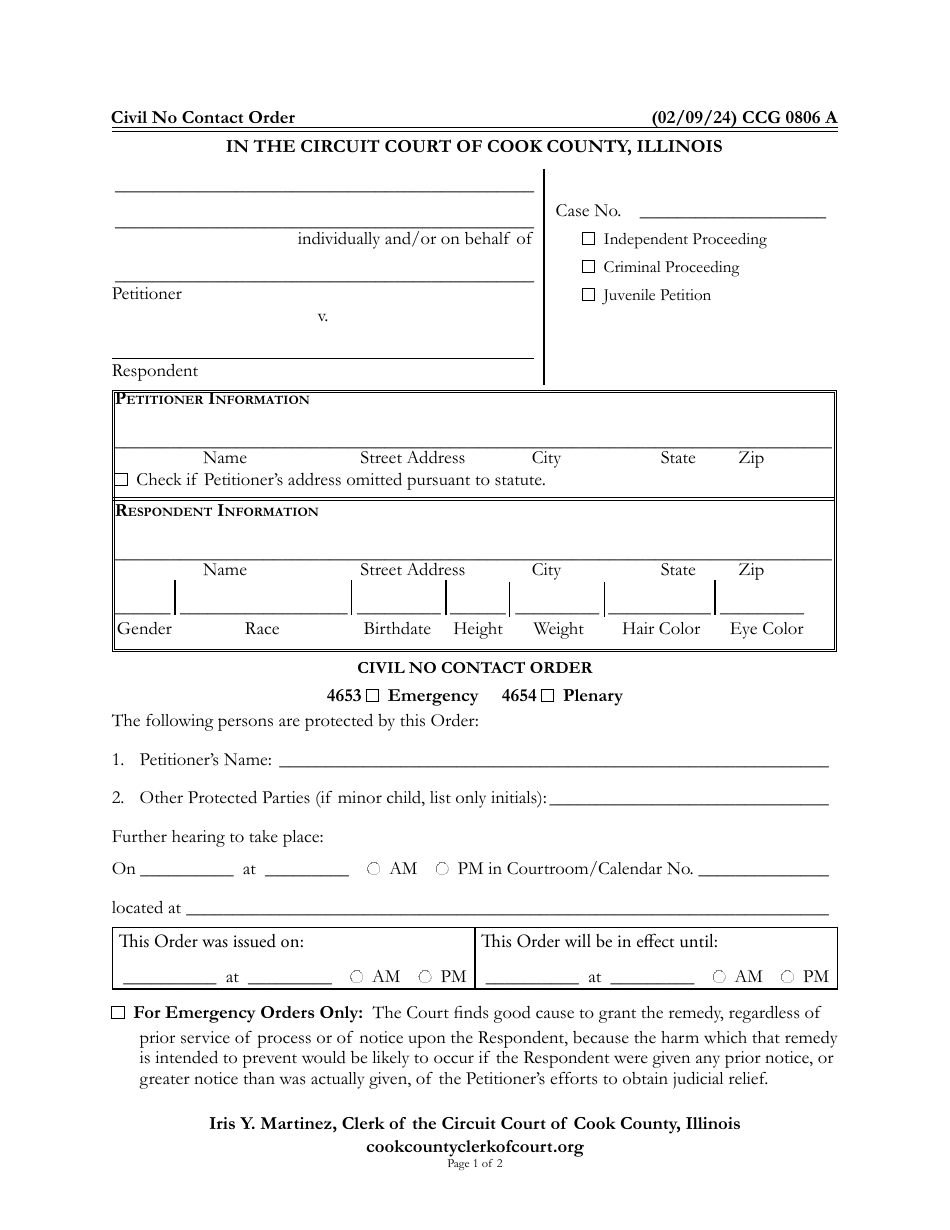 Form CCG0806 Civil No Contact Order - Cook County, Illinois, Page 1