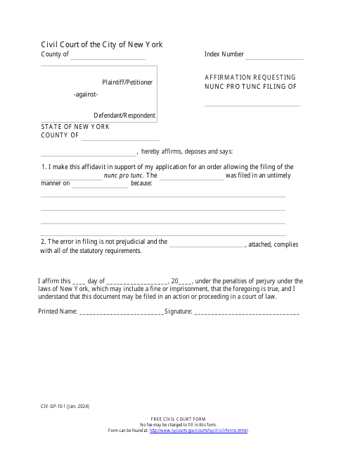 Form CIV-GP-10-1 Affirmation Requesting Nunc Pro Tunc Filing - New York City