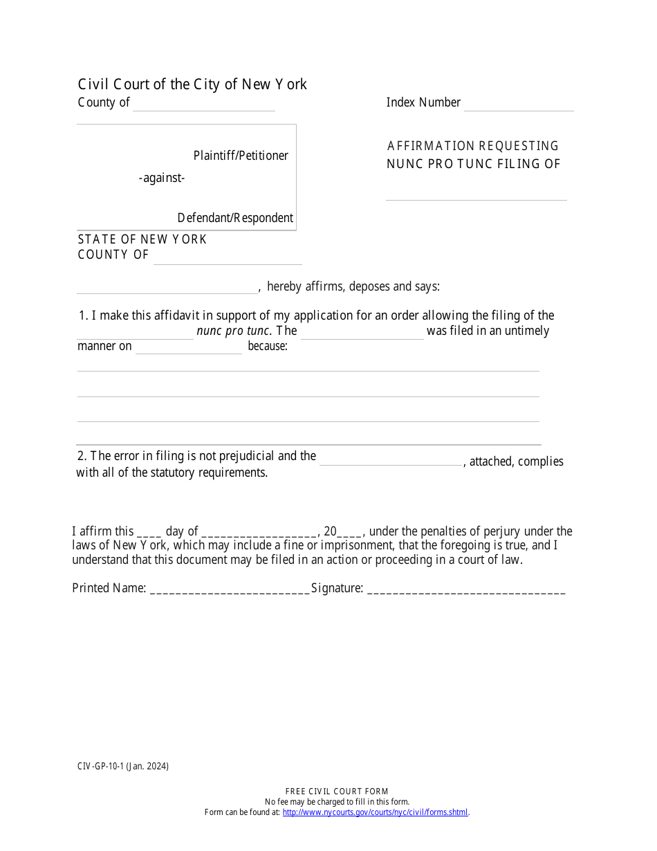 Form CIV-GP-10-1 Affirmation Requesting Nunc Pro Tunc Filing - New York City, Page 1